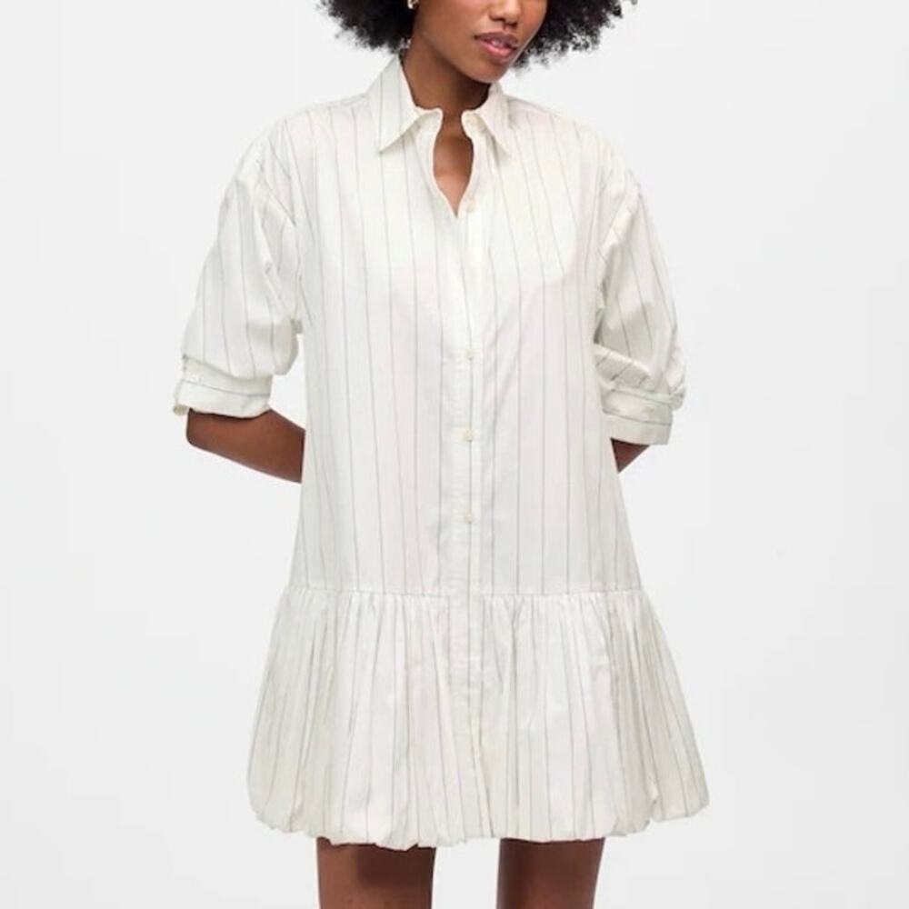 NWT Madewell Bubble-Hem Mini Shirtdress In Pinstripe Poplin White Black Size XXS